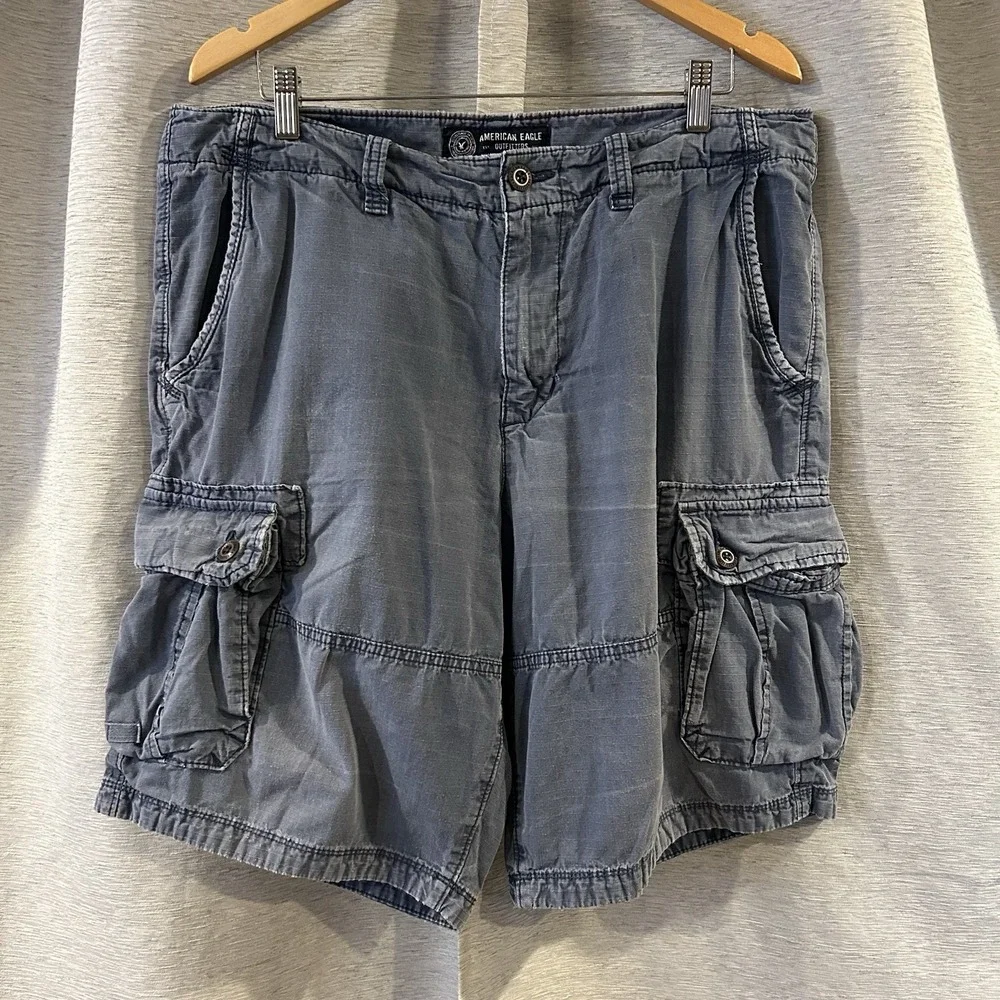 American Eagle Outfitters Cargo Shorts Mens 36 Blue Gray‎ Regular Fit Flat Front